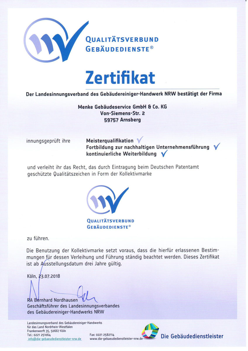 Zertifikat Qualitätsverbund Gebäudedienste