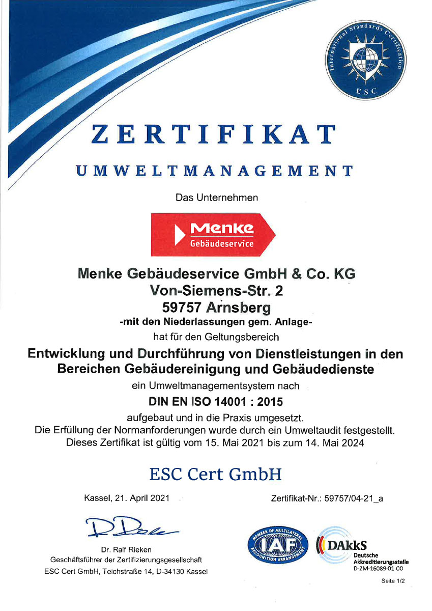 Zertifikat Umweltmanagement 14001:2015